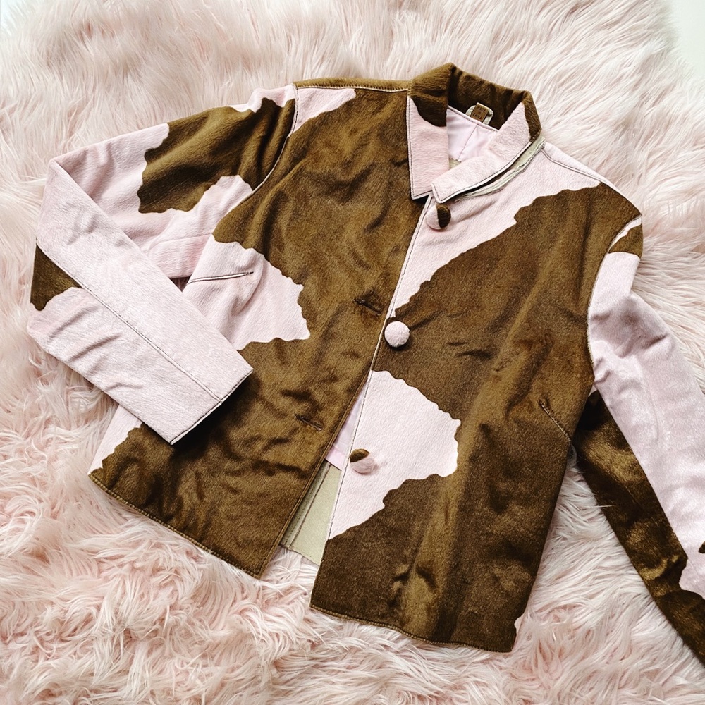 Vintage Pink Cow Print Suede Leather Jacket